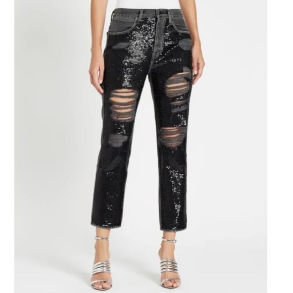 Frame Denim Denim - NEW NWT! FRAME DENIM SEQUIN BASQUE RIPS jeans destructed ankle cut sz 28